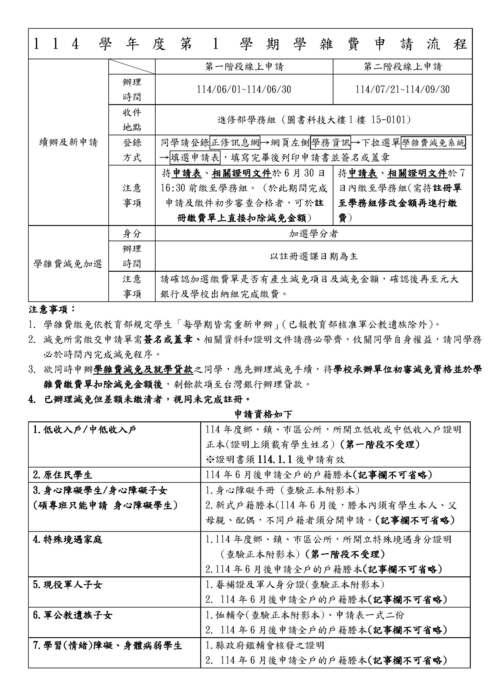 114學年度第1學期學雜費減免通知圖片